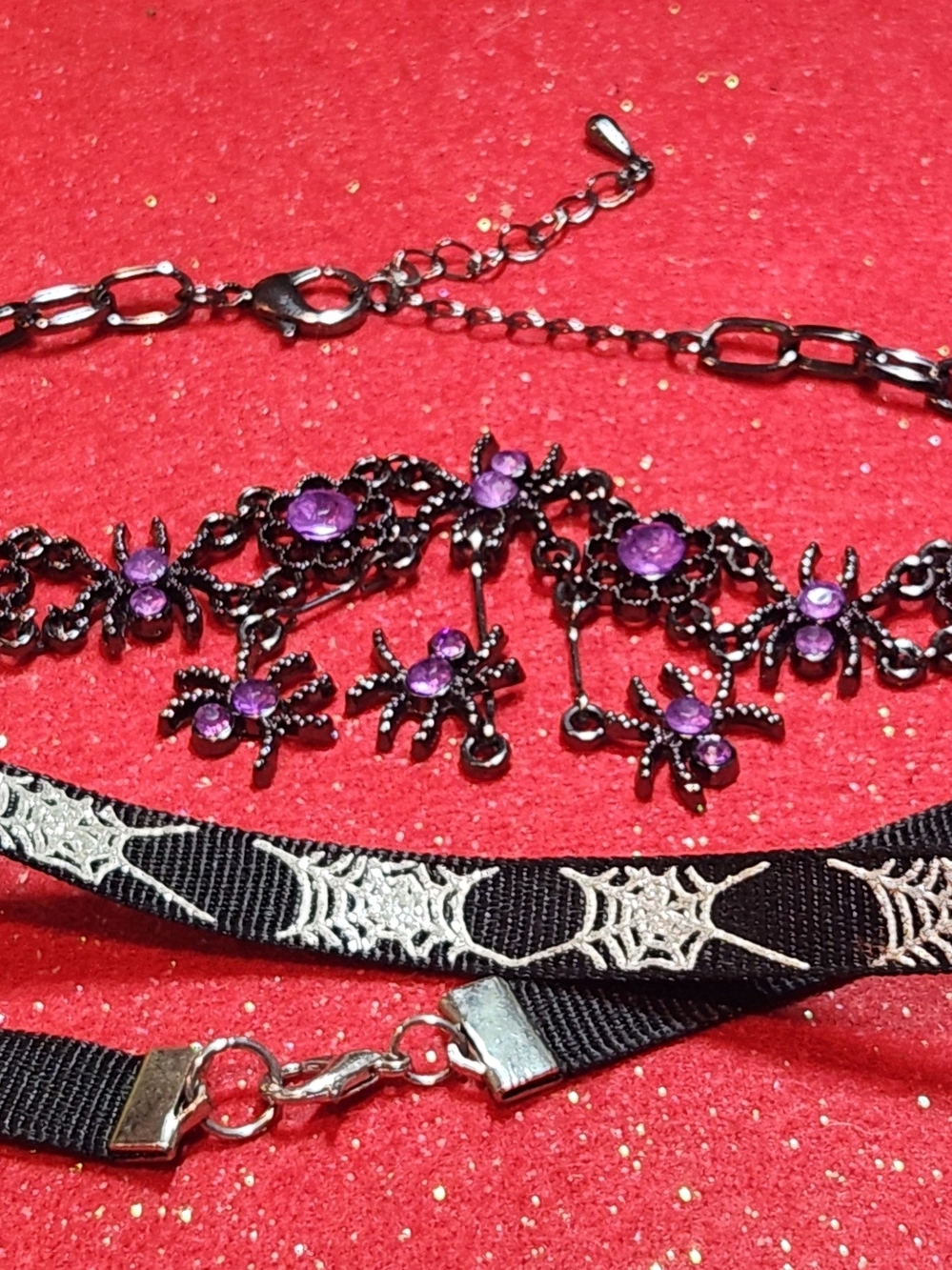 Set Of 2-Black Chokerb Necklaces Metal Spider with Purple Crystal Accents & Web